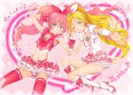  aqua_eyes blonde_hair boots character_name cure_melody cure_rhythm green_eyes hand_behind_head hand_holding holding_hands houjou_hibiki knee_boots magical_girl midriff minamino_kanade multiple_girls navel outstretched_hand panties pantyshot pink_background pink_hair ponytail precure sakura_kotetsu skirt suite_precure thigh-highs thighhighs twintails underwear wink zettai_ryouiki 