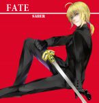  ahoge black_gloves blonde_hair excalibur fate/stay_night fate/zero fate_(series) formal gloves green_eyes long_hair necktie pant_suit ponytail rixingyisha saber solo suit sword weapon 