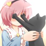  black_cat bust cat cat_focus covering covering_eyes covering_face hairband heart holding kaenbyou_rin kaenbyou_rin_(cat) komeiji_satori pink_hair ran_(9ens2000) touhou 