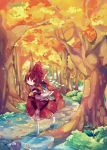  ana_(rznuscrf) ascot autumn_leaves bad_id barefoot bow brown_hair detached_sleeves dress forest gohei hair_bow hair_tubes hakurei_reimu highres miko nature red_dress red_eyes smile solo stream touhou wading water 