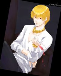  blonde_hair earrings fate/stay_night fate/zero fate_(series) gilgamesh highres jewelry male red_eyes sawa_kei short_hair solo wine 