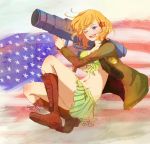  american_flag axis_powers_hetalia blonde_hair blue_eyes boots cannon front-tie_top genderswap hair_ornament hairclip heso jacket midriff navel open_mouth pleated_skirt rocket_launcher skirt solo weapon wink 