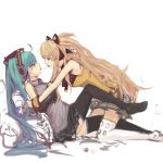  animal_ears aqua_eyes aqua_hair audio-technica bare_shoulders big_hair black_legwear blonde_hair blush cat_ears hatsune_miku headphones highres long_hair multiple_girls mutual_yuri pan!ies saliva saliva_trail seeu stax thigh-highs thighhighs vocaloid white_legwear yuri zettai_ryouiki 