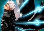  back-to-back blue_eyes coat devil_may_cry devil_may_cry_3 looking_back male nagare short_hair summoned_swords sword vergil weapon white_hair 