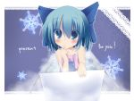  bad_id bare_shoulders blue_eyes blue_hair blush box cirno ebiebiebio finger_to_mouth girl_in_a_box hair_ribbon in_box in_container ribbon snowflakes solo touhou 