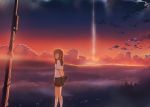  arms_behind_back bad_id brown_eyes brown_hair cloud footwear kumo_no_mukou_yakusoku_no_basho looking_at_viewer sawatari_sayuri school_uniform skirt sky socks solo standing twilight white_legwear wink 