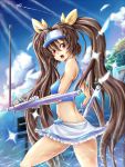  brown_hair cloud hair_ribbon hasumi_eri long_hair looking_at_viewer midriff open_mouth pote_(crown) red_eyes ribbon skirt sky solo tonfa twintails vanguard_princess very_long_hair visor visor_cap water weapon 