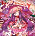  album_cover bandages book bow cover crescent_moon embellished_costume eyepatch frills gathers hair_bow ichihaya long_hair moon patchouli_knowledge sitting solo touhou 