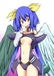  1girl asymmetrical_wings bare_shoulders blue_hair blush breasts center_opening choker detached_sleeves dizzy guilty_gear highres kuromu-o large_breasts long_hair navel panties red_eyes solo tail twintails underwear very_long_hair wings 