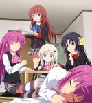  5girls a-chan_senpai black_hair blonde_hair blue_eyes brown_hair closed_eyes futaki_kanata haribote_(tarao) kurugaya_yuiko little_busters!! long_hair multiple_girls noumi_kudryavka purple_hair ribbon saigusa_haruka school_uniform side_ponytail sleeping striped striped_legwear table tea_set thigh-highs 