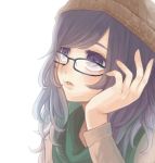  black_hair casual chin_rest face glasses hat mikitsui original purple_eyes simple_background solo violet_eyes white_background 