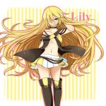  blonde_hair blue_eyes boots cable cd collar dannpatiya flapper_shirt hair_over_one_eye lily_(vocaloid) long_hair midriff miniskirt navel skirt smile solo thigh-highs thigh_boots thighhighs very_long_hair vocaloid 