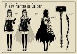  cape cross from_behind glasses gloves hammer highres long_hair looking_at_viewer monochrome necktie pixiv_fantasia pixiv_fantasia_wizard_and_knight pleated_skirt realmbw skirt solo standing thigh-highs thighhighs weapon zettai_ryouiki 