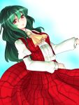  alternate_hair_length alternate_hairstyle ascot bad_id blush breasts dutch_angle green_hair kazami_yuuka kazami_yuuka_(pc-98) long_hair looking_at_viewer plaid plaid_skirt plaid_vest red_eyes skirt skirt_set solo touhou touhou_(pc-98) vest youkai yutazou 