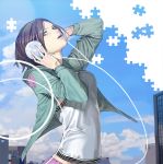  1girl brown_eyes brown_hair cityscape clouds headphones hijiki_(b-stroke) jacket original parted_lips puzzle short_hair sky solo 