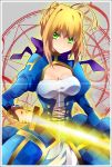  ahoge akishima_kei bad_id blonde_hair breasts cleavage dress excalibur fate/stay_night fate_(series) glowing glowing_sword glowing_weapon green_eyes hair_ribbon large_breasts ribbon saber solo sword weapon 