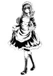  highres long_hair maid maid_headdress monochrome original realmbw simple_background skirt skirt_hold skirt_lift smile solo standing 