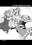  alice_margatroid bow capelet cirno dress frills hair_bow hair_ribbon hairband mary_janes monochrome multiple_girls outstretched_arms ribbon rumia shanghai_doll shino_(ponjiyuusu) shoes short_hair touhou translated translation_request wings 