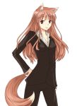  1girl animal_ears brown_hair business_suit drawfag female formal hand_on_hip highres holo horo long_hair pant_suit red_eyes simple_background smile solo spice_and_wolf suit tail white_background wolf_ears wolf_tail 