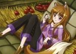  absurdres animal_ears apple bed blush brown_hair casual food fruit highres holo huge_filesize long_hair no_socks red_eyes solo spice_and_wolf tail wheat wolf_ears wolf_tail wolfgirl 