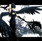  black_hair black_wings breasts cleavage cleavage_cutout dress futoshi_(dominos) hair_over_eyes large_wings letterboxed outside_of_border pixiv_fantasia pixiv_fantasia_wizard_and_knight sleeveless sleeveless_dress solo staff taishi_(dominos) wings 