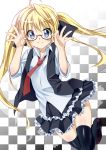  ahoge black_legwear blonde_hair blue_eyes blush bow checkered checkered_background face frills glasses hair_bow hair_ribbon hands highres long_hair mary_janes mtu necktie original ribbon shoes skirt sleeves_rolled_up smile solo thigh-highs thighhighs twintails vest zettai_ryouiki 