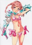 bikini braid brown_hair buckler copyright_request cover cover_page doujin_cover doujinshi front-tie_top gauntlets highres light_smile looking_at_viewer nishieda pink_bikini pink_hair purple_eyes shield side-tie_bikini simple_background solo swimsuit sword twin_braids violet_eyes weapon white_background 