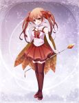  bow brown_eyes brown_hair brown_legwear cape detached_sleeves hair_bow long_hair mireisaki pixiv_fantasia pixiv_fantasia_wizard_and_knight polearm skirt smile solo spear standing thigh-highs thighhighs twintails weapon zettai_ryouiki 
