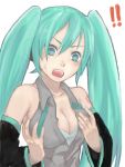  1girl aqua_eyes aqua_hair blush breast_hold breast_lift breasts cleavage detached_sleeves face hands hatsune_miku open_mouth solo surprised vocaloid 