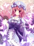  absurdres bad_id breasts butterfly fan folding_fan ghost hat highres japanese_clothes obi pink_eyes pink_hair ringonotane saigyouji_yuyuko short_hair smile solo touhou triangular_headpiece 