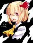  ;d ascot bad_id blonde_hair blush darkness face fang hair_ribbon happy_birthday open_mouth red_eyes ribbon rumia short_hair smile solo the_embodiment_of_scarlet_devil touhou wink youkai yutazou 