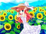  blue_eyes dress flower flowers game_cg hat himezono_risa landscape long_hair mitha pink_hair scenic sunflower yuyukana 