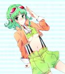  breasts goggles goggles_on_head green_eyes green_hair gumi headphones jacket karuto megpoid_(vocaloid3) midriff navel short_hair shorts smile solo suspenders under_boob underboob vocaloid 