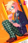  bespectacled blazer blonde_hair blue_eyes drink flynn_scifo glasses hair_ornament hairclip keiko_rin loafers male necktie pants plaid red-framed_glasses repede school_uniform shoes sitting solo straw tales_of_(series) tales_of_vesperia title_drop 