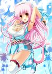  belt blush breasts cat_ears cat_tail cleavage fang hair_ribbon highres long_hair microphone open_mouth original palm_tree pink_hair ribbon shia_(syroh) shia_flatpaddy syroh tail thigh-highs thighhighs tree white_legwear 