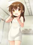  1girl :d alternate_hairstyle bell_(oppore_coppore) brown_eyes brown_hair highres inazuma_(kantai_collection) kantai_collection long_hair looking_at_viewer open_mouth smile solo towel 