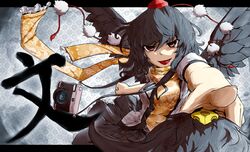  :p black_hair camera face fan foreshortening hands hat highres kanchigai pointing scarf shameimaru_aya short_hair solo tengu tokin_hat tongue touhou wings 