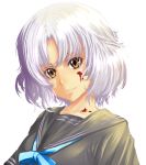  blood_on_face copyright_request face highres light_smile portrait realmbw school_uniform short_hair simple_background solo white_hair yellow_eyes 