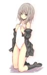  bangs bare_shoulders black_legwear blush breasts covering covering_breasts embarrassed flat_chest footwear grey_eyes grey_hair jacket kneehighs kneeling legs looking_at_viewer looking_back off_shoulder one-piece_swimsuit open_clothes open_jacket original profile shadow short_hair simple_background sketch socks solo swimsuit swimsuit_under_clothes taiyou_nomiko tatsuhiko wet wet_hair white_swimsuit yellow_eyes 
