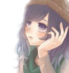  black_hair casual chin_rest face hat mikitsui original purple_eyes simple_background solo violet_eyes white_background 