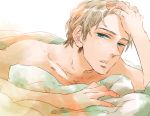  alternate_hairstyle axis_powers_hetalia bare_shoulders bed blanket blonde_hair blue_eyes close-up fingernails germany_(hetalia) hand_on_head kisaragi_manami looking_at_viewer lying male on_stomach open_mouth shirtless simple_background solo squinting sunlight under_covers white_background 