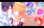  1girl ahoge ajuvyrvosjfj black_hair blonde_hair blue_hair closed_eyes couple eyes_closed flower gradient_hair hand_holding hand_on_another's_face hand_to_face holding_hands jude_mathis letterboxed long_hair milla_maxwell multicolored_hair smile tales_of_(series) tales_of_xillia yellow_eyes 