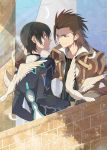  alvin_(tales_of_xillia) bad_id bird black_hair brown_eyes brown_hair coat cravat curtains feathers jude_mathis male multiple_boys nic_(kevin) see-through smile tales_of_(series) tales_of_xillia window 