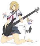  bad_id bare_legs barefoot bass_guitar blonde_hair brown_eyes cd electric_guitar feet guitar haekake instrument kneeling looking_at_viewer open_mouth original pleated_skirt school_uniform serafuku short_hair simple_background skirt solo toes 