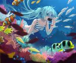  aqua_eyes aqua_hair bikini blue_eyes blue_hair bubble clownfish colorful coral fish goggles hatsune_miku long_hair mia0309 ocean snorkel solo striped striped_swimsuit swimsuit twintails underwater very_long_hair vocaloid 