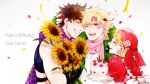  1girl 2boys bandana birthday_cake blonde_hair brown_hair caesar_anthonio_zeppeli cake dress facial_mark fingerless_gloves flower food gloves green_eyes green_jacket happy_birthday headband jacket jojo_no_kimyou_na_bouken joseph_joestar_(young) medemoisellecu midriff multiple_boys puffy_sleeves scarf sunflower suzi_quatro wink 