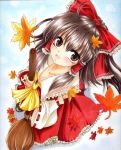  ascot autumn_leaves blush bow breasts broom brown_eyes brown_hair cleavage detached_sleeves dress from_above hair_bow hair_tubes hakurei_reimu looking_up marker_(medium) miko open_mouth red_dress rio0410 smile solo touhou traditional_media 