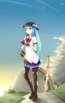  1girl blouse blue_hair blue_sky clouds fingerless_gloves fire food frown fruit gloves grass hat highres hinanawi_tenshi keystone leaf light_trail long_hair looking_away naoki_noritaka pantyhose peach planted_sword planted_weapon red_eyes ribbon sheath sheathed shide shimenawa short_sleeves skirt sky solo star_(sky) sword sword_of_hisou torn_clothes torn_pantyhose touhou twilight weapon 