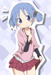  blue_hair blush casual collarbone flying_sweatdrops hair_cubes hair_ornament ixy jewelry naganohara_mio nichijou pendant short_hair short_over_long_sleeves short_twintails skirt skirt_hold skirt_lift twintails wavy_mouth 