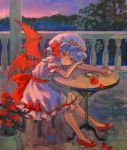  acrylic_paint_(medium) ama-tou balcony bat_wings blue_hair bored chair flower hat highres leaf lonely no_socks pocket_watch pumps red_eyes remilia_scarlet rose short_hair sitting solo stopwatch table touhou traditional_media watch wings 